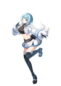 Rule 34 | 1girl, belt, belt pouch, black boots, black gloves, black shirt, black thighhighs, blue eyes, blue hair, boots, breasts, closed mouth, closers, crop top, cropped jacket, full body, fur trim, gloves, hand up, highres, holding snowman, hood, hood down, hooded jacket, jacket, leg up, long sleeves, looking at viewer, medium breasts, midriff, miniskirt, navel, official art, one eye closed, outstretched arm, pouch, puffy sleeves, ribbed shirt, shirt, short hair, skirt, smile, snowman, solo, standing, standing on one leg, stomach, thigh boots, thighhighs, thighs, violet (closers), white background, white jacket, white skirt, zettai ryouiki