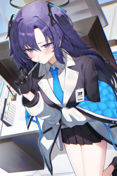 1girl belt black_gloves black_jacket black_skirt black_suit blue_archive blush breasts collared_shirt commentary_request dress_shirt formal_clothes gloves hair_ornament half_gloves halo highres jacket long_hair long_sleeves looking_at_viewer medium_breasts miniskirt miruto_netsuki necktie open_clothes open_jacket pleated_skirt pouch purple_eyes purple_hair shirt sidelocks skirt solo suit thighs two_side_up white_jacket white_shirt yuuka_(blue_archive)