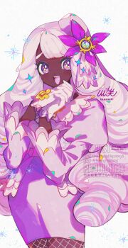 1girl ascot dark-skinned_female dark_skin dress fascinator fishnet_pantyhose fishnets frilled_ascot frills glove_bow gloves hair_ornament highres jacinthe_(pokemon) juliet_sleeves kawasaki_(kwsk_8765) long_hair long_sleeves looking_at_viewer low_drills mega_stone nintendo open_mouth pantyhose pokemon pokemon_legends:_z-a puffy_sleeves purple_dress purple_eyes purple_hair smile solo star_(symbol) teeth upper_teeth_only very_dark_skin white_gloves