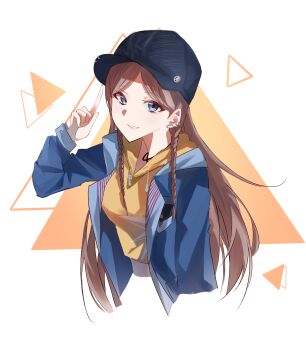 1girl absurdres bang_dream! bang_dream!_it&#039;s_mygo!!!!! black_hat blue_eyes blue_jacket braid brown_hair chinese_commentary commentary_request cropped_torso drawstring ear_piercing hand_up hat highres hood hood_down hoodie index_finger_raised jacket long_hair long_sleeves miaotiaodeshuibei nagasaki_soyo open_clothes open_jacket parted_bangs parted_lips peaked_cap piercing solo triangle yellow_hoodie