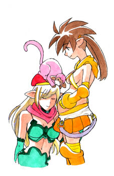 2girls alleyne_(queen's_blade) alleyne_(queen's_blade) animal animal_on_head bad_id bad_pixiv_id bare_shoulders beret blonde_hair breasts brown_hair caracol closed_eyes cropped_legs elf fighting_master_alleyne forest_keeper_nowa gloves green_gloves hat light_smile medium_breasts midriff miniskirt monkey multiple_girls navel no_bra nowa_(queen's_blade) nowa_(queen's_blade) on_head orange_footwear orange_skirt pointy_ears pregnant queen's_blade ruu_(queen's_blade) simple_background skirt smile standing thighhighs twintails white_background yellow_gloves yellow_legwear zettai_ryouiki