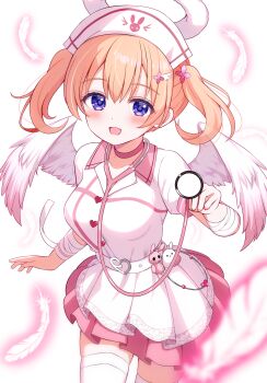 Rule 34 | 1girl, absurdres, angel, blush, commentary request, eins 9, feathers, gochuumon wa usagi desu ka?, hat, highres, hoto cocoa, looking at viewer, nurse, nurse cap, open mouth, orange hair, purple eyes, smile, stethoscope, thighhighs, twintails, white thighhighs, wings