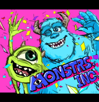 2boys copyright_name cyclops green_eyes horns james_p._sullivan karan_22 male_focus mike_wazowski monster monsters_inc. multiple_boys one-eyed open_mouth sharp_teeth smile teeth