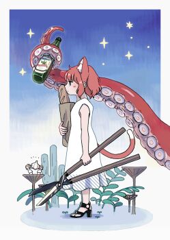 1girl animal_ear_fluff animal_ears bag baguette black_sandals bottle bread cat_ears cat_girl cat_tail commentary dress food from_side full_body garlic high_heel_sandals highres holding holding_bag holding_bottle holding_scissors moko-oxygen mushroom original plant red_hair sandals scissors short_hair sidelocks sleeveless sleeveless_dress solo standing tail tentacles white_dress
