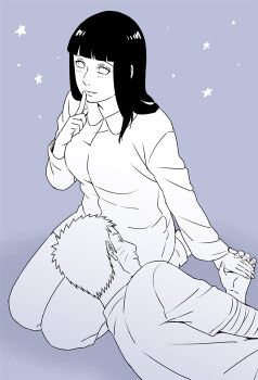 1boy 1girl bandaged_arm bandages blunt_bangs commentary_request facial_mark finger_to_mouth greyscale hal_(sakurajam) hyuuga_hinata lap_pillow looking_at_viewer monochrome naruto:_the_last naruto_(series) seiza shushing sitting sleeping star_(symbol) uzumaki_naruto whisker_markings