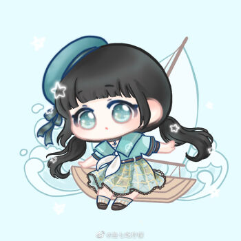 1girl :o anchor_choker ankle_socks aqua_eyes aqua_hat aqua_sailor_collar aqua_shirt aqua_skirt armband belt belt_buckle beret black_hair blue_background blunt_bangs boat brown_belt brown_shoes buckle chibi chinese_commentary choker collared_shirt colored_eyelashes commentary_request curious grey_armband grey_choker grey_ribbon hat hat_ribbon high-waist_skirt lace-trimmed_sleeves lace_trim light_blush long_hair looking_at_viewer low_twintails map_print neckerchief nikki_(series) parted_lips plaid_clothes plaid_skirt pleated_skirt print_skirt ribbon sailboat sailor sailor_collar sailor_hat shining_nikki shirt shoes short_sleeves skirt socks solo sparkle star_(symbol) striped_clothes striped_socks tareme tune_of_breeze_(shining_nikki) twintails vertical-striped_clothes vertical-striped_socks watercraft watermark waves wavy_hair weibo_watermark white_neckerchief white_socks xiaoyu_qixing