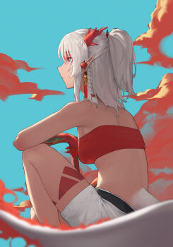 1girl absurdres arknights bandeau bare_shoulders belt black_belt braid breasts commentary_request half_updo highres medium_breasts medium_hair midriff mkrk_mikaerukung multicolored_hair nian_(arknights) pink_eyes pointy_ears red_hair short_shorts shorts solo strapless streaked_hair tail thighs tube_top white_hair white_shorts