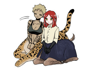 2girls amputee arm_tattoo blonde_hair centauroid commentary_request double_amputee freckles full_body goat_girl highres hikagami_(june_lotus) jaguar_girl leaning_on_person looking_at_viewer monster_girl multiple_girls original prosthesis prosthetic_arm red_hair shirt short_hair simple_background sitting skirt sports_bra tan tattoo taur very_short_hair white_background yellow_eyes