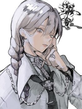 Rule 34 | 1girl, 25dpz, black necktie, braid, collared shirt, cross, cross earrings, earrings, engraving, expressionless, hair behind ear, hair between eyes, hand on own cheek, hand on own face, hashtag-only commentary, highres, jewelry, long sleeves, looking at viewer, necktie, original, ring, shirt, simple background, single braid, single earring, white background, white eyes, white hair, white shirt