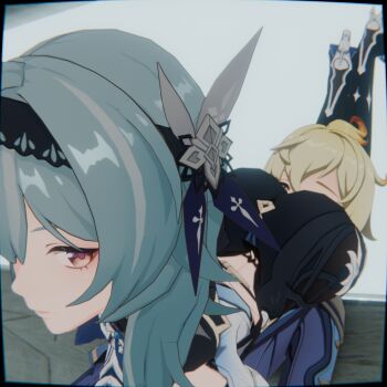 1boy 1boy1girls 1girl ass assertive_female b-banto blonde_hair blue_background blue_hair day eula_(genshin_impact) face_in_ass femdom genshin_impact hair_between_eyes hair_ornament hairband head_between_thighs headscissor mika_(genshin_impact) orange_eyes reverse_ryona scissorhold smother