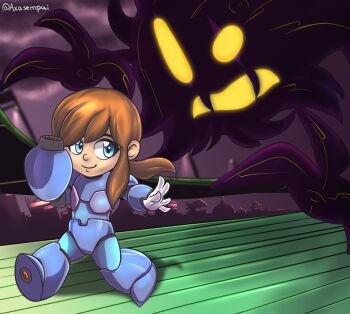 1boy 1girl a_hat_in_time arm_cannon armor blue_armor blue_eyes brown_hair character_request check_character claws closed_mouth cloud commentary cosplay english_commentary ghost hat_kid long_hair looking_to_the_side mega_man_(series) mega_man_x_(series) no_headwear ponytail purple_background rob_(robarts) smile snatcher_(a_hat_in_time) twitter_username walking weapon x_(mega_man) x_(mega_man)_(cosplay)