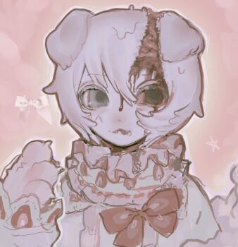 1girl animal_ears animal_hands bleeding blood brain claws commentary dog_ears dog_girl english_commentary exposed_brain fangs grey_eyes guro hands_up highres looking_at_viewer monster_girl neck_ruff original pink_background pink_hair senmaze short_hair sleeves_past_wrists solo tongue tongue_out upper_body