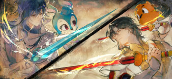 1girl 3boys absurdres aura black_hair blue_coat blue_hair blue_robe bridal_gauntlets brown_background cat_boy chinese_clothes closed_mouth coat crossover crow_yayu fighting_stance fins furry furry_female furry_male hair_between_eyes head_fins highres holding holding_sword holding_weapon hongmao_(hongmao_and_lantu) hongmao_and_lantu index_finger_raised jewelry jian_(weapon) lantu long_sleeves looking_at_another looking_to_the_side medium_hair multiple_boys necklace official_alternate_costume rabbit_girl red_eyes robe serious shirt shunde_raw_fish_(the_tale_of_food) sleeves_past_wrists smile split_screen sword taibai_duck_(the_tale_of_food) the_tale_of_food upper_body weapon white_bridal_gauntlets white_robe white_shirt yellow_eyes