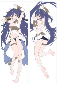 1girl ahoge ancient_greek_clothes armlet armpits arms_up ass back bare_shoulders barefoot black_skirt blue_eyes blue_hair blush breasts bridal_gauntlets chinese_commentary cleavage closed_mouth commentary_request dakimakura_(medium) feet flat_color full_body gluteal_fold greco-roman_clothes groin iuno_(wuthering_waves) jewelry large_breasts laurel_crown leg_wrap long_hair looking_at_viewer miniskirt multicolored_hair multiple_views navel open_mouth ribbon single_bridal_gauntlet skirt smile soles stomach streaked_hair thighlet thighs toes unfinished vambraces very_long_hair white_ribbon wuthering_waves zhenli-mari