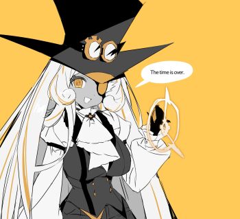 Rule 34 | 1girl, :d, @ @, arm at side, arrow (symbol), ascot, blonde hair, breasts, buttons, cookie run, cookie run: ovenbreak, curly eyebrows, dark-skinned female, dark skin, double-breasted, english text, eyepatch, frilled sleeves, frills, gloves, goggles, goggles on headwear, grin, hand up, hat, highres, humanization, juliet sleeves, large breasts, large hat, long hair, long sleeves, looking at viewer, multicolored hair, ohta guk hip, one eye covered, open mouth, pants, partially colored, puffy long sleeves, puffy sleeves, simple background, smile, solo, speech bubble, streaked hair, tareme, timekeeper cookie, top hat, two-tone hair, upper body, very long hair, vest, yellow background, yellow eyes