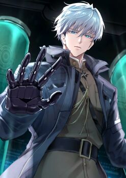 Rule 34 | 1boy, belt, belt buckle, black belt, blue coat, blue eyes, buckle, closed mouth, coat, collared coat, colored eyelashes, commentary request, cowboy shot, eyelashes, goddess of victory: nikke, grave (nikke), grey hair, grey jacket, hanada nadako, highres, jacket, long sleeves, male focus, open clothes, open coat, outstretched arm, popped collar, prosthesis, prosthetic arm, solo