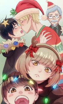 1girl 4boys akaxtsubaki animal_costume antlers beard black_hair blonde_hair blush blush_stickers bow brown_eyes brown_hair christmas christmas_lights christmas_ornaments closed_eyes densuke_sozoro durarara!! facial_hair fake_antlers frown glasses grey_hair hair_ornament hairband haruto_(durarara!!) hat heart heart_in_mouth heiwajima_shizuo highres himari_(durarara!!) holly holly_hair_ornament horns imminent_kiss kiss multiple_boys mustache open_mouth orihara_izaya reindeer_antlers reindeer_costume santa_costume santa_hat short_hair star_(symbol) star_hair_ornament sweater yaoi