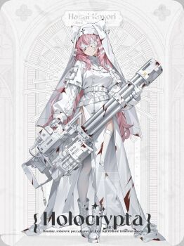 Rule 34 | 1girl, animal ears, blindfold, blood, blood on clothes, blood on gun, boots, character name, closed mouth, commentary request, dress, facing viewer, full body, gatling gun, gloves, gun, hakui koyori, highres, holding, holding gun, holding weapon, hololive, ishihara (kuniyoshi), layered sleeves, long dress, long hair, long sleeves, nun, pelvic curtain, pink hair, short over long sleeves, short sleeves, side slit, sidelocks, solo, very long hair, virtual youtuber, weapon, white boots, white coif, white dress, white gloves, wolf ears, wolf girl