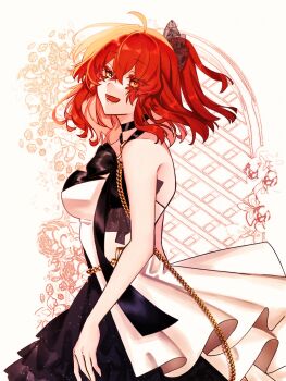 1girl ahoge bare_arms bare_shoulders black_bow bow breasts chain choker cowboy_shot dress eyes_visible_through_hair fate/grand_order fate_(series) flower frilled_skirt frills fujimaru_ritsuka_(female) fujimaru_ritsuka_(female)_(korean_ver._8th_anniversary) hair_ornament hair_scrunchie highres layered_skirt lower_teeth_only medium_breasts medium_hair open_mouth orange_eyes orange_hair scrunchie skirt smile solo strapless strapless_dress teeth tongue yutingfgo
