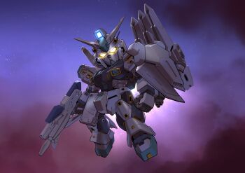 Rule 34 | absurdres, beam rifle, chinese commentary, clenched hand, commentary request, energy gun, fin funnels, full body, glowing, glowing eyes, gun, gundam, gundam msv, highres, holding, holding gun, holding weapon, looking at viewer, making-of available, mecha, mecha focus, mobile suit, nebula, no humans, nu gundam mp type, robot, science fiction, sd gundam, solo, space, star (sky), v-fin, weapon, yellow eyes, zakuma