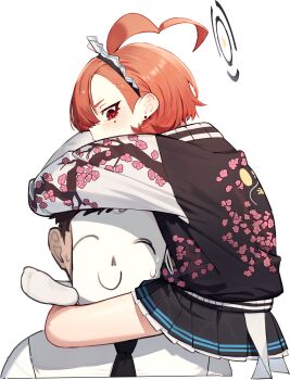 1boy 1girl absurdres ahoge black_halo black_jacket black_skirt blue_archive blush doodle_sensei_(blue_archive) earrings floral_print floral_print_jacket full_body hair_between_eyes halo hashtag-only_commentary head_hug highres hug huge_ahoge jacket jewelry long_sleeves looking_down maid maid_headdress miniskirt mole mole_under_eye neru_(blue_archive) no_shoes orange_hair pleated_skirt profile pyytato red_eyes sensei_(blue_archive) short_hair simple_background skirt slit_pupils socks soles stud_earrings sukajan sweatdrop white_background white_sleeves white_socks