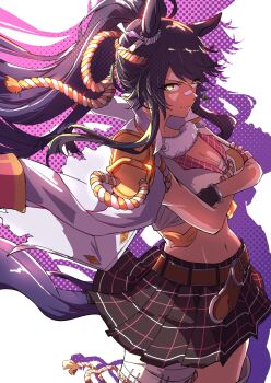 1girl animal_ears bandaid bandaid_on_face bandaid_on_nose black_hair breasts chest_sarashi closed_mouth crossed_arms ear_ornament gloves hair_between_eyes herushi_shiko highres horse_ears horse_girl horse_tail jacket jacket_on_shoulders long_hair medium_breasts midriff narita_brian_(maverick)_(umamusume) narita_brian_(umamusume) navel plaid_clothes plaid_skirt ponytail rope sarashi shimenawa shirt skirt solo tail umamusume white_jacket white_shirt yellow_eyes