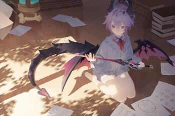 1boy absurdres barefoot book book_stack bow bowtie dragon_boy dragon_horns dragon_tail dragon_wings frilled_shirt frills genshin_impact highres holding holding_sword holding_weapon horns indoors long_sleeves male_focus mini_durin_(genshin_impact) mini_durin_(human)_(genshin_impact) paper purple_hair red_bow red_bowtie red_eyes shirt short_hair short_hair_with_long_locks short_shorts shorts sitting solo sunlight sword tail wariza weapon white_shirt window_shadow wings wolfram_1