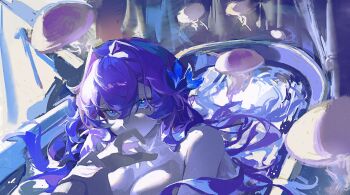 1girl 1other absurdres bathing blue_eyes blue_flower breasts cantarella_(wuthering_waves) commentary facial_mark flower hair_between_eyes hair_flower hair_ornament hashtag-only_commentary highres jellyfish kiss kissing_hand large_breasts liudaohai6001 long_hair looking_at_viewer mark_under_eye nude partially_submerged pov pov_hands purple_hair solo_focus wuthering_waves