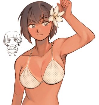 Rule 34 | 1girl, bikini, bikini tan, breasts, bruno bucciarati, commentary, dark-skinned female, dark skin, english commentary, flower, genderswap, genderswap (mtf), hair flower, hair ornament, highres, jojo no kimyou na bouken, large breasts, malan, solo, swimsuit, tan, tanline, vento aureo