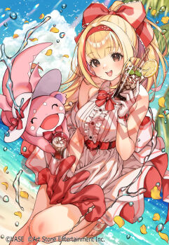 1girl :d bare_arms bare_shoulders beach between_legs blonde_hair blue_sky bow brown_eyes closed_eyes cloud commentary_request copyright_name copyright_notice creature cup day dress drink food fruit glass gloves hair_bow hairband hand_between_legs hat holding holding_cup kink_(tortoiseshell) lemon lemon_slice light_blush long_hair medium_dress open_mouth outdoors palm_tree petals ponytail red_bow red_dress red_hairband sample_watermark sandals shore sky smile sparkle splashing standing standing_on_one_leg straight_hair tail teeth tojou_rinka tree two-tone_dress upper_teeth_only vase_(vtuber) virtual_youtuber water watermark white_dress white_gloves white_hat