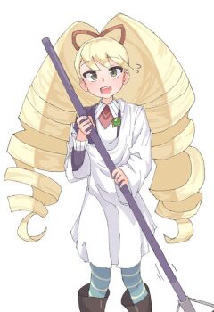 1girl blonde_hair blush broom drill_hair flying_sweatdrops green_eyes holding holding_broom long_hair looking_at_viewer luna_platz_(mega_man) mega_man_(series) mega_man_star_force_(series) mizuame_bakuhatsu open_mouth pantyhose simple_background smile twin_drills very_long_hair white_background