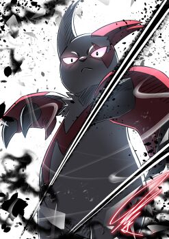 absurdres animal_hands black_claws black_eyes claws colored_skin debris gen_3_pokemon glowing glowing_eyes grey_skin highres ink_splatter looking_at_viewer mitsukuma448 motion_lines nintendo no_humans pokemon pokemon_(creature) signature solo zangoose