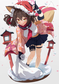 1girl animal_ear_fluff animal_ears blue_archive brown_hair christmas commentary_request eyeshadow fang fishnet_thighhighs fishnets floral_print floral_print_kimono fox_ears fox_girl fox_shadow_puppet fox_tail gloves halo hat highres izuna_(blue_archive) japanese_clothes kimono kunai lantern makeup menchi-men obi partially_fingerless_gloves pink_eyeshadow pink_halo pink_scarf print_kimono red_scarf sack santa_hat sash scarf single_thighhigh skin_fang smile snow solo tail thigh_strap thighhighs weapon