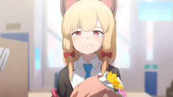 1girl adapted_costume aged_up animal_ear_headphones animal_ears black_suit blonde_hair blue_archive blue_necktie blunt_bangs blurry blurry_background blush bouquet bow cat_ear_headphones cat_ears clenched_teeth collared_shirt commentary crying crying_with_eyes_open fake_animal_ears flower formal_clothes furrowed_brow graduation hair_bow halo hamachikichiki headphones highres holding holding_bouquet leaf long_hair looking_at_viewer medium_hair millennium_science_school_logo momoi_(blue_archive) necktie pink_flower pink_halo red_bow red_eyes runny_nose sad shirt sidelocks snot solo straight_hair streaming_tears suit tears teeth upper_body white_shirt yellow_flower