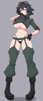 1girl absurdres biting biting_glove black_boots black_gloves black_hair black_panties blue_eyes boots borrowed_character breasts cropped_shirt crotchless crotchless_pants doce female_focus full_body gloves goggles goggles_on_head green_pants green_shirt grey_background hair_between_eyes hand_on_own_hip highres large_breasts looking_at_viewer navel original panties pants scar shirt short_hair sierra_dazorelle_(dazorelle) simple_background solo underboob underwear