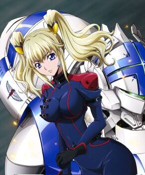 1girl blonde_hair blue_eyes code_geass code_geass:_boukoku_no_akito highres knightmare_frame leila_malcal mecha mecha_pilot_suit robot skin_tight solo tagme