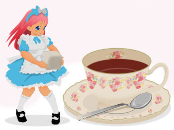 1girl alice&#039;s_adventures_in_wonderland alice_(alice_in_wonderland) black_shoes blue_bow blue_dress blue_eyes blue_ribbon blush bow coffee cup dress drink hair_bow hairband holding kneehighs long_hair looking_at_viewer mary_janes mini_person minigirl neck_ribbon neko_no_kimagure pink_hair puffy_sleeves ribbon saucer shoes short_sleeves smile socks spoon standing sugar_cube teacup waist_bow white_background white_socks