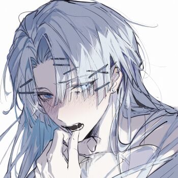 1boy absurdres bishounen blue_eyes blush call_of_cthulhu chinese_commentary earrings eyes_visible_through_hair fangs grey_hair hair_ornament hairclip hand_on_own_chin highres jewelry long_hair looking_at_viewer male_focus mingjing_fangfu_keyi_zhanduan_chuntian nidexintu open_mouth parted_bangs piercing portrait saliva shirt simple_background sketch solo solo_focus tears teeth tsukijou_ao upper_body white_background white_shirt