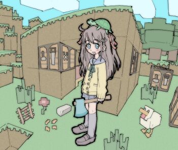 1girl :d ahoge animal animal_on_head axe bird black_outline block_(minecraft) block_(object) blue_eyes blue_necktie blue_sailor_collar blue_skirt blush bolo_tie bow bowtie brown_hair brown_shoes cardigan chicken chicken_(minecraft) cloud cloudy_sky crafting_table_(minecraft) day dot_nose fisheye flower full_body grass green_ribbon grey_sailor_collar grey_skirt grey_socks hair_bow hair_ornament hair_ribbon heart heart_hair_ornament holding holding_axe isometric kneehighs ladder live2d_inc. loafers long_hair long_sleeves looking_at_viewer looking_to_the_side minecraft minecraft_(style) minecraft_axe minecraft_pickaxe momose_hiyori neck_ribbon necktie neuro-sama on_head open_mouth outdoors outline pantsu-ripper pickaxe pleated_skirt red_ribbon ribbon sailor_collar school_uniform shoes single_horizontal_stripe skirt sky smile socks solo_focus standing straight_hair third-party_source tree turtle two_side_up vedal987 vedal_ai virtual_youtuber wide_shot yellow_cardigan