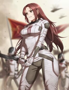 1girl 2others aircraft blurry blurry_background body_armor breasts cowboy_shot day dune_(series) flag helmet highres holding holding_sword holding_weapon large_breasts long_hair multiple_others no_headwear open_mouth ornithopter outdoors red_flag red_hair sardaukar soldier sweat sword teeth unconventional_vehicle weapon yellow_eyes zxpfer