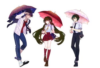 1girl 2boys absurdres ahoge alternate_costume arm_out_of_sleeve bag black_hair blunt_bangs blush brown_eyes brown_hair collared_shirt commentary_request danganronpa_(series) danganronpa_v3:_killing_harmony facial_hair full_body goatee hair_between_eyes hair_ornament hair_scrunchie harukawa_maki height_difference highres holding holding_phone holding_umbrella jacket jjigjjikk long_hair long_sleeves looking_at_viewer loose_necktie low_twintails mole mole_under_eye momota_kaito multiple_boys necktie open_clothes pants pants_rolled_up phone pleated_skirt purple_eyes purple_facial_hair red_eyes red_scrunchie red_shirt red_skirt saihara_shuichi school_bag school_uniform scrunchie shirt short_hair short_sleeves simple_background skirt smile spiked_hair standing twintails umbrella very_long_hair white_background white_shirt
