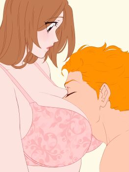 1boy 1girl between_breasts bleach bra breasts brown_eyes head_between_breasts highres husband_and_wife inoue_orihime kurosaki_ichigo large_breasts long_hair orange_hair short_hair source_request tagme tanukilk underwear