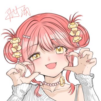 1girl absurdres asymmetrical_sweater bead_necklace beads bra_strap chinese_commentary choker commentary_request dot_nose double_bun flower hair_beads hair_bun hair_flower hair_ornament half-closed_eye happy highres jewelry light_blush lipstick long_sleeves makeup nail_polish neck_flower necklace nikki_(nikki) nikki_(series) off-shoulder_sweater off_shoulder open_mouth palms pinching_own_cheek pink_hair pink_lips pink_nails short_hair_with_long_locks sidelocks signature simple_background single_bare_shoulder single_off_shoulder sleeves_past_wrists smile solo sweater tang003388 upper_body white_background white_choker white_sweater yellow_eyes yellow_flower