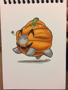 Rule 34 | alternate color, closed eyes, commentary, english commentary, full body, gen 3 pokemon, halloween, happy, highres, iwilltryalittlearter, marker (medium), nintendo, no humans, pokemon, pokemon (creature), pokemon focus, pumpkin costume, shelgon, simple background, solo, tape, traditional media, white background