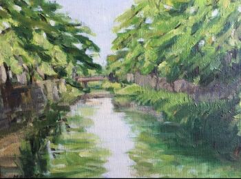 blue_sky bridge day grass momo7rosemary no_humans original painting_(medium) path plant reflection reflective_liquid river riverbank road sky traditional_media tree water