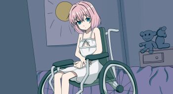 1girl bedroom blue_eyes child disability dress frown highres indoors looking_at_viewer medium_hair nightgown original pink_hair poster_(object) sitting solo stuffed_animal stuffed_toy teddy_bear trc wheelchair white_dress