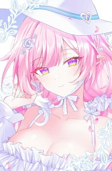 1girl alternate_costume bare_shoulders breasts cleavage closed_mouth collarbone commentary cyrene_(honkai:_star_rail) cyrene_(ripples_of_past_reverie)_(honkai:_star_rail) diamond-shaped_pupils diamond_(shape) fingernails flower hair_flower hair_ornament hand_up hat highres honkai:_star_rail honkai_(series) large_breasts light_blush long_hair looking_at_viewer pink_hair pointy_ears purple_eyes seno_(senohime) sidelocks smile solo symbol-shaped_pupils upper_body white_hat