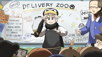 4boys 5girls :d @_@ absurdres bird black_hair black_overalls blonde_hair blue_hair blue_haired_boy_(diva) blue_suit bob_cut_twin_(diva) brown_hair commentary diva_(hyxpk) donut_stamp double_bun duck english_commentary formal_clothes girl_with_fangs_(diva) glasses grey_hair hair_bun hat highres holding holding_pencil king_penguin lion_shirt_boy_(diva) multiple_boys multiple_girls nervous open_mouth overalls pencil penguin penguin_fan_(diva) penguin_hat penguin_keeper_(diva) red_hair shirt smile suit survey_girl_(diva) teacher topknot_twin_(diva) upside-down white_shirt whiteboard zoo zookeeper zookeepers_(diva)