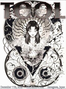 1girl 2025 black_hair bug cicada commentary_request copyright_name dated eyeball flower frills greyscale group_name highres holding holding_skull insect leaf location_name long_hair maggot monochrome no_pupils official_art parted_bangs peach_momoko promotional_art skull solo tool_(band) white_background