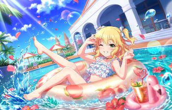 1girl annindoufu_(oicon) beach_umbrella bikini bird blonde_hair building chair choker cloud cup drinking_glass drinking_straw feet flamingo flower game_cg green_eyes grin idolmaster idolmaster_cinderella_girls idolmaster_cinderella_girls_starlight_stage innertube official_art one_eye_closed palm_tree petals pool sakurai_momoka smile solo splashing stairs sunlight swim_ring swimsuit table toes tree twintails umbrella window